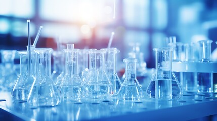 Close-up of beakers and test tubes in a laboratory setting.