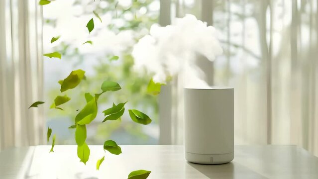 A modern white air purifier on a table, emitting steam with green leaves swirling around, against a large window with a sunny backdrop. Shallow depth of field