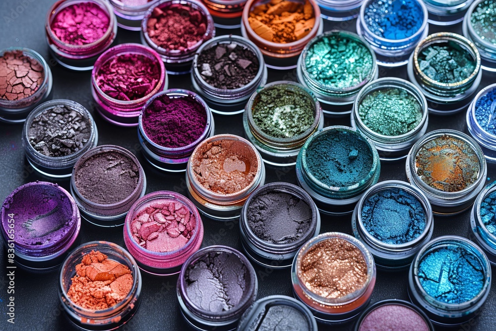 Poster assorted colorful makeup pigments and powders in small jars, arranged on a black surface. generative
