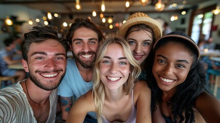 Multiracial friends having fun at brewery pub, taking a joyful selfie. 