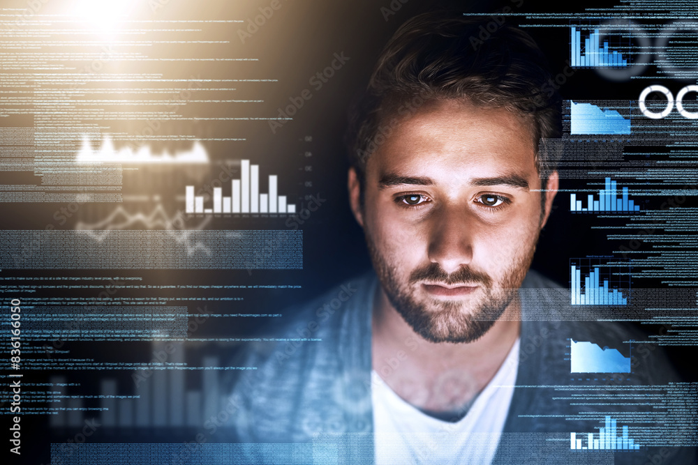 Poster Man, web developer and overlay with graph, coding and stats for app development, reporting and chart software. Male person, programmer and data analytics with insight for ecommerce growth information