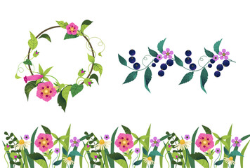 Set of floral arrangements of peach roses, leaves, petunia and blueberries. Elegant foliage design for wedding, card, invitation, greeting. Botanic decoration vector illustration in trending style.