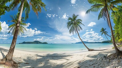 Panoramic Tropical Beach with Palm Trees and Blue Sea
