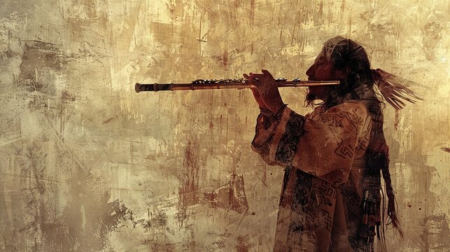 Painting of a man playing the flute on grunge texture.