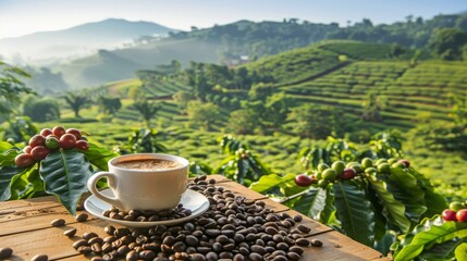 Hot coffee cup and beans on a rustic wooden surface with hills and coffee trees field background.