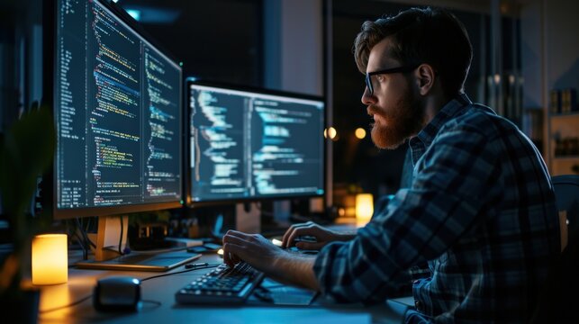 Focused software developer working late at night in a dark office, coding on multiple monitors displaying complex program code, representing professional IT and technology development.