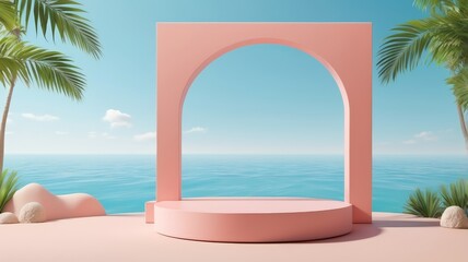 3D podium summer concept. wooden podium on tropical beach with blue sky and trees summer vacation concept 3d rendering