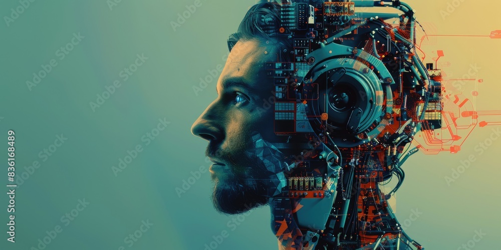 Poster the image shows a man with a glowing blue circuit board for a brain. the man is looking to the right