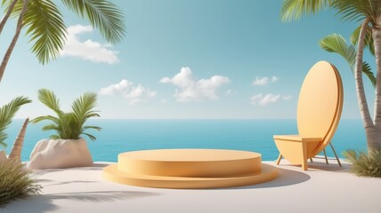 Obraz premium 3D podium summer concept. wooden podium on tropical beach with blue sky and trees summer vacation concept 3d rendering