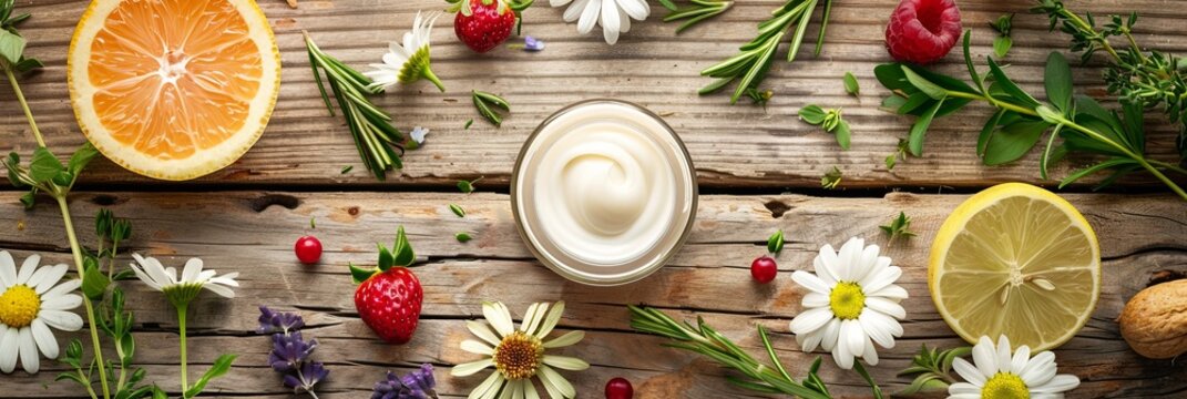 A close-up image of natural, organic creams and lotions surrounded by fresh fruits, herbs, and flowers on a rustic wooden surface. Generative AI