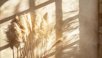 A vase with dried plants in shadow it on a white background