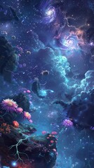 Obraz premium A celestial garden floating amidst the stars, with ethereal flowers blossoming in the void of space generated by AI
