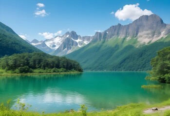 tranquil lake surrounded by mountains and lush green landscape