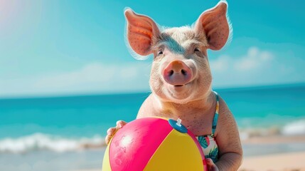 A cute pig wearing a swimsuit is holding a beach ball and standing on the beach.