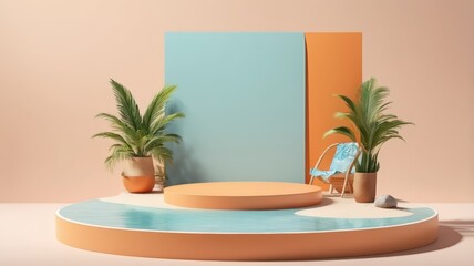 3D podium summer concept. wooden podium on tropical beach with blue sky and trees summer vacation concept 3d rendering