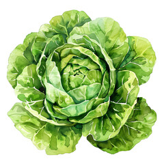 Fototapeta premium A vibrant watercolor illustration of a fresh green cabbage with detailed leaves, perfect for food and botanical projects.on transparent background