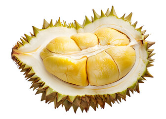 Fototapeta premium Fresh Ripe Durian, cross section of the durian fruit ,yellow rind and soft pincers inside, tall and long half-open durian with yellow pulp, Isolated on White Background