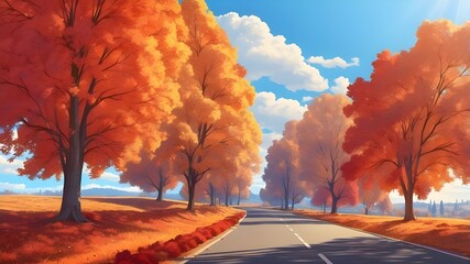 Gorgeous, unspoiled fall scenery featuring a road, blue sky, sun, and gorgeous trees with red and orange leaves. produced using artificial intelligence.