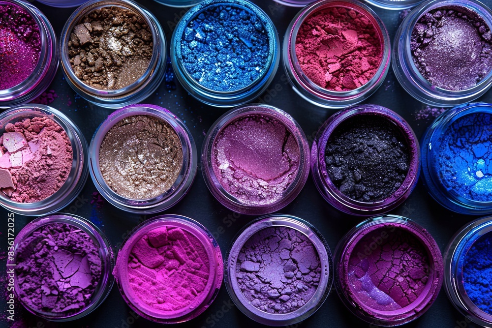 Poster A close-up view of various colorful makeup pigments and powders arranged in small glass jars. Generative AI