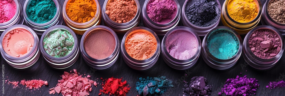 Poster an assortment of colorful makeup pigments and powders in small jars, arranged artistically on a dark