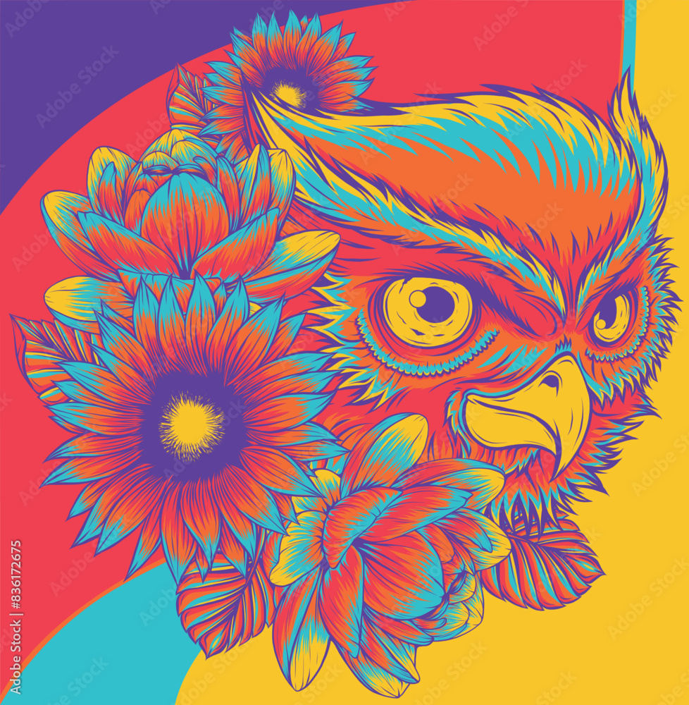 Sticker owl head with flower and leaves on white background. vector illustration digital hand draw