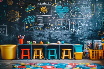 Colorful classroom with chalkboard full of drawings and art supplies. Brightly colored stools and educational materials create a vibrant learning environment.