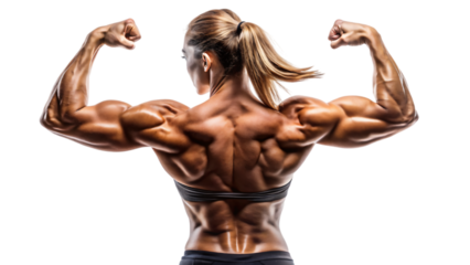 A shirtless woman with a well-defined muscular physique