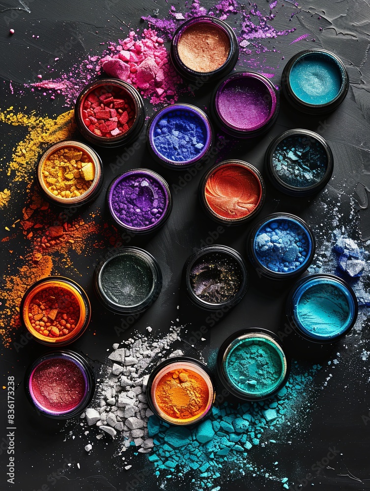 Aufkleber a collection of colorful makeup pigments and powders in small jars, arranged in an artistic way on a