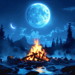 The 3D campfire under a full moon is formed by white and silver light. In the background in black color. Stylish in the style of light painting.