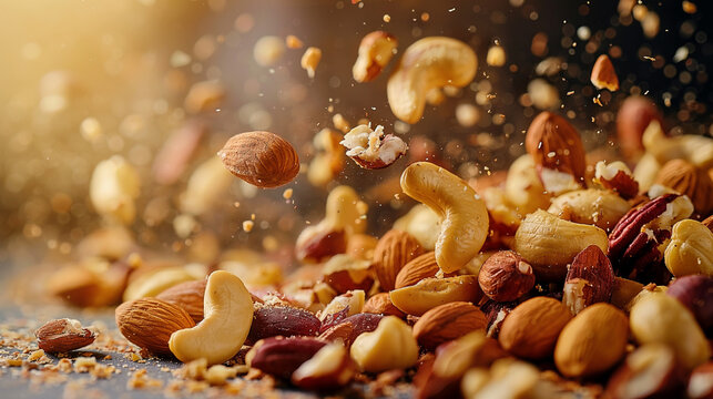 N&uuml;sse als Hintergrund isoliert Mix aus N&uuml;ssen fallen aus der Luft in eine Sch&uuml;ssel Welttag der N&uuml;sse 03. August Generative AI