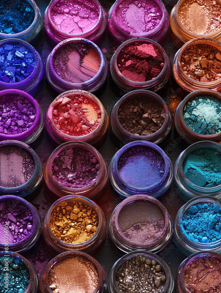 Poster A collection of colorful makeup pigments and powders in small jars, arranged in a visually appealing pattern. Generative AI