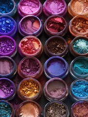 Naklejka premium A collection of colorful makeup pigments and powders in small jars, arranged in a visually appealing pattern. Generative AI