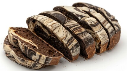 Close-up of sliced marbled rye bread showing detailed texture and patterns. Perfect for bakery, culinary, and bread-related themes.