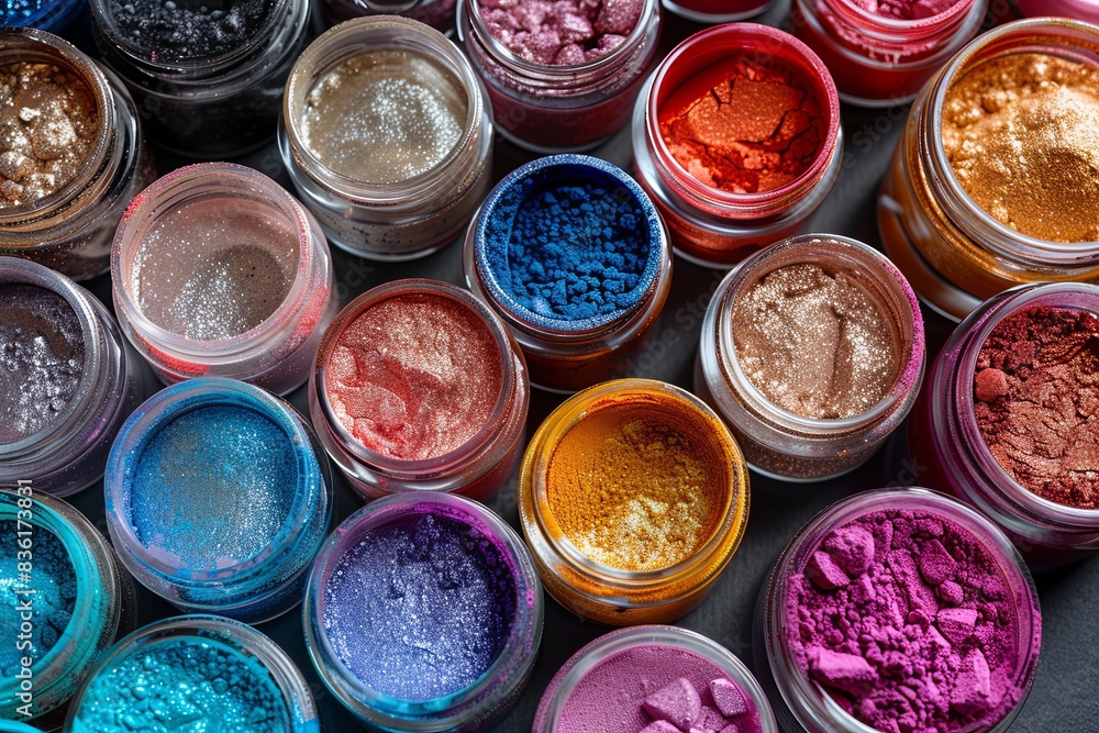 Poster a close-up of various makeup pigments and powders in small jars. generative ai