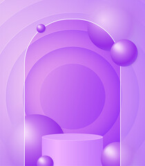 Creative glassmorphism illustration design with transparent arch frame, floating spheres, podium and purple circles background