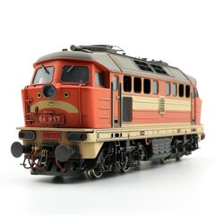 Detailed model of a vintage red locomotive on a white background. High-quality train model, perfect for collectors and enthusiasts.