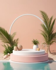 Obraz premium 3D podium summer concept. wooden podium on tropical beach with blue sky and trees summer vacation concept 3d rendering