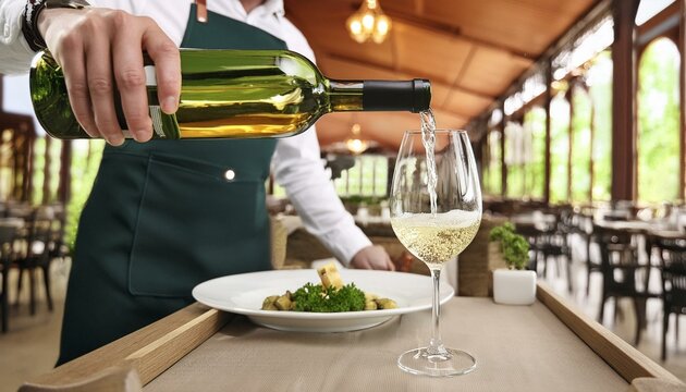 A waiter pours a glass of white wine into a wine glass in a restaurant.