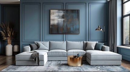 A chic living room with white and light blue walls, showcasing a grey sectional sofa and a gold coffee table.