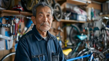Fototapeta premium A man stands next to a bicycle in a garage