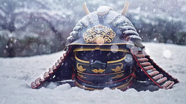 samurai helmet of soldier, on the snow