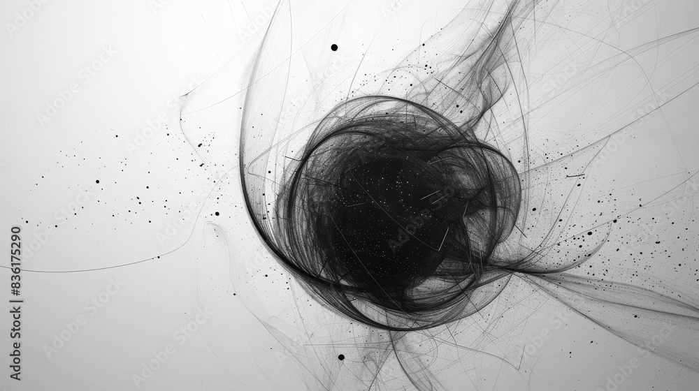 Poster abstract black and white digital art with swirling lines and dots creating a mysterious and dynamic 
