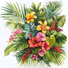 Naklejka premium Watercolor painting of a tropical bouquet with vibrant flowers and green leaves, perfect for wedding decor