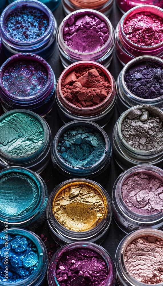 Poster an assortment of colorful makeup pigments and powders in small jars, arranged in a row. generative a