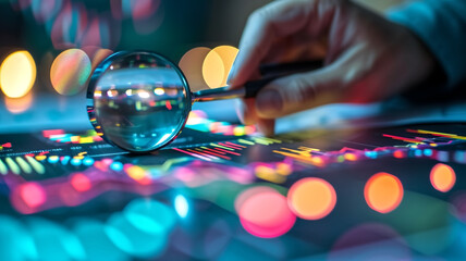 Hand holding magnifying glass over digital financial charts and graphs with colorful bokeh lights. Business and finance analysis concept for poster, banner, and header. Close-up photography