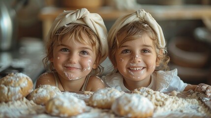 happy family funny kids are preparing the dough, bake cookies in the kitchen 