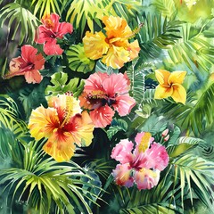 Colorful watercolor painting of tropical flowers and lush greenery, perfect for card design
