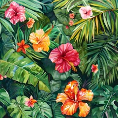 Exquisite watercolor depiction of vibrant tropical flowers and lush green leaves, ideal for greeting card designs