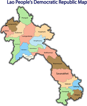 Lao People's Democratic Republic map with name  of provinces and colors
