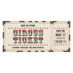 Retro circus ticket template. Admit one. Vector illustration